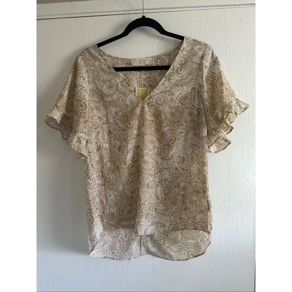 MICHAEL KORS PAISLEY-PRINT RUFFLED-SLEEVE TOP in Khaki, XS $98 MSRP